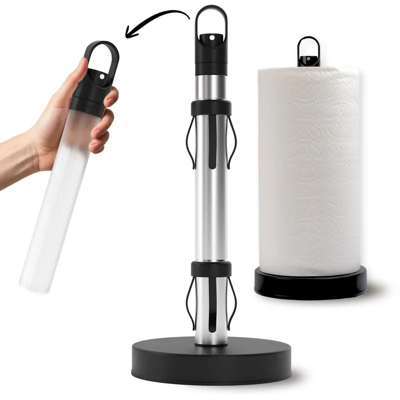 Stainless Steel Paper Towel Holder with Spray Pump – One-Handed Tear, Smart Traction System, 5 oz Sprayer Bottle, Heavy Duty Suction Cups, Weighted Base, Kitchen Towel Dispenser for Countertop Use