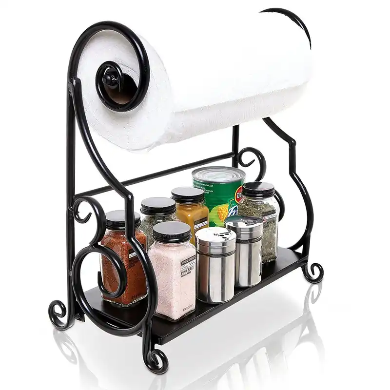 MyGift Paper Towel Holder Countertop with Shelf – Black Metal Freestanding Decorative Organizer for Kitchen, Scrollwork Design, Horizontal Storage for Spices, Napkins, and Condiments