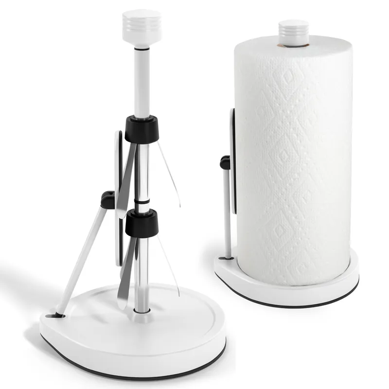 Stainless Steel Tension Arm Paper Towel Holder - Easy One-Handed Operation - This Sturdy Weighted Paper Towel Dispenser Countertop Model Has Suction Cups and Holds All Paper Towel Rolls (White)