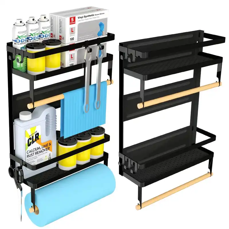 Paper Towel Holder with Shelf, 2-in-1 Magnetic Shelf, Heavy Duty Rustic Paper Towel Holder with 5 Removable Hooks, Tissue Holder for Tool Shed, Garage, Workbench, Kitchen, Craft Room, or Laundry Room