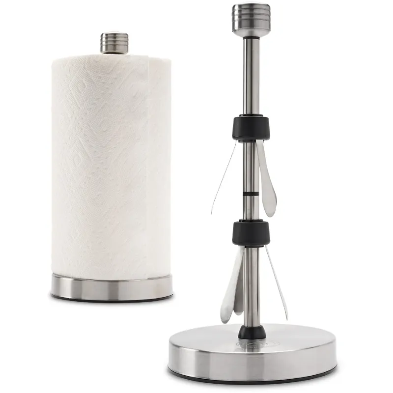 Heavy-Duty Stainless Steel Paper Towel Holder - Easy One-Handed Tear with Suction Cups - Modern Weighted Standing Countertop Dispenser for Kitchen - Holds All Paper Towel Rolls, Silver