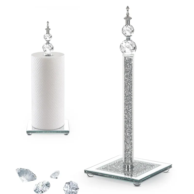 Crystal Paper Towel Holder, Bling Silver Paper Towel Roll Holder, Decor Standing Paper Towel Holder with Weighted Base, Paper Towel Dispenser for Kitchen Countertops Bathroom, Anti Slip(Square/Silver)