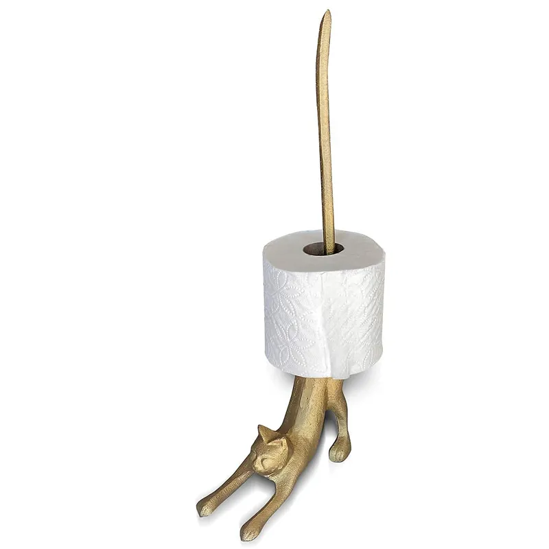 WallCharmers Gold Paper Towel Holder, Metal Toilet or Kitchen Paper Holder for Floor or Countertop, Gold Cat