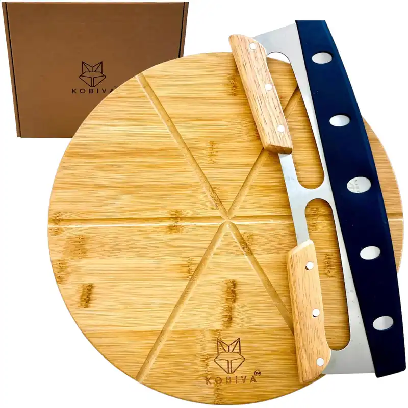 14" Dual-Grip Pizza Cutter Rocker Board Set Bamboo Pizza Cutting Board with Pizza Rocker Knife Slicer Pizza Serving Board Pizza Cutter Rocker Blade Best Pizza Accessories Gift Set