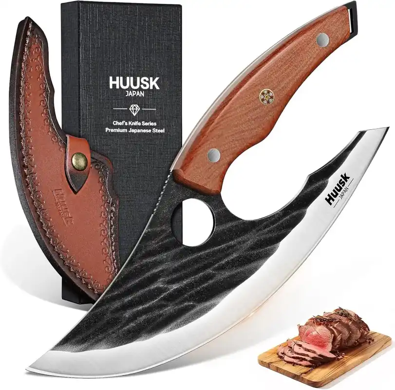 Huusk Japan Ulu Knife with Sheath - Christmas Gift for Men and Women - Hand Forged Caveman Ultimo Knife with Full Tang Wooden Handle - BBQ Knives for Vegetables, Fruit, Pizza - Gifts for Mom