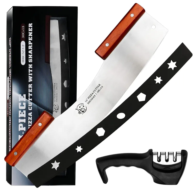 AILUROPODA Pizza Cutter Rocker with Knife Sharpener & Protective Cover 16" Large Pizza Rocker Cutter Sharp Pizza Slicer 30Cr13 Stainless Steel Pizza Knife (Silver)