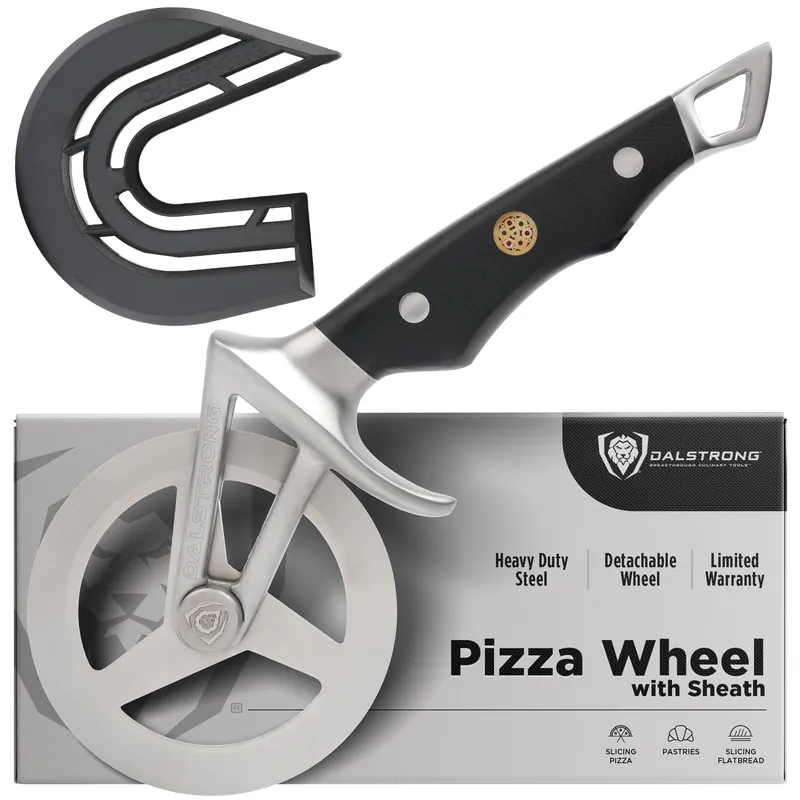 Dalstrong Orbit Razor Pizza Cutter Wheel — 2mm 304 Stainless, Tri-Spoke Rotary, G-10 Handle — For Homemade Pizza, Flatbread, Quesadillas, Pastry & Dough — Thumb Guard + Sheath Included