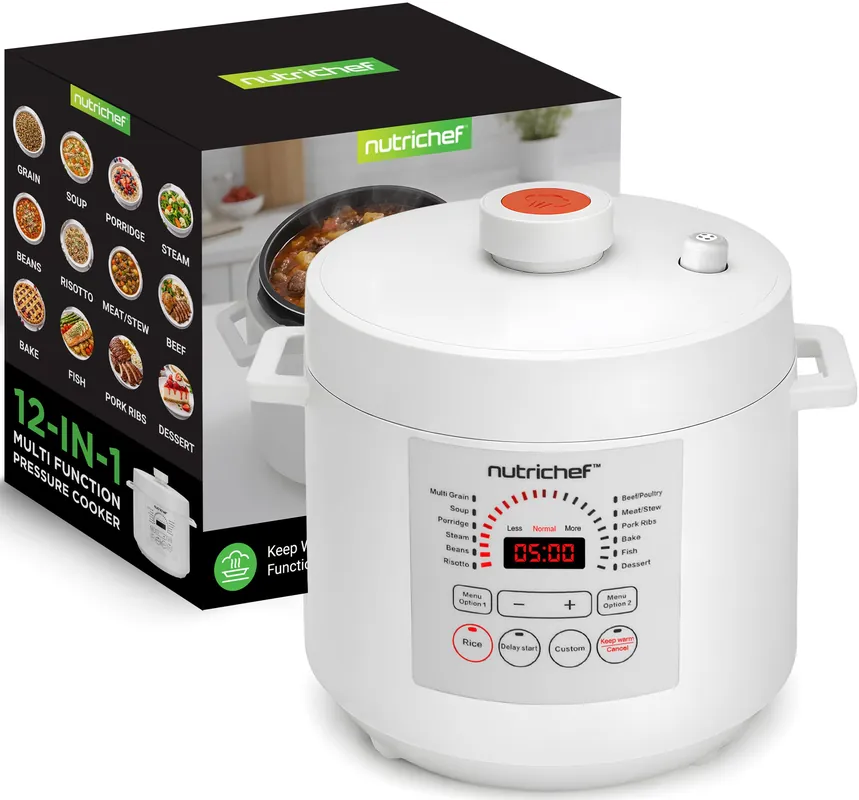 NutriChef 6 Quart Electric Pressure Cooker 12 Function Digital Countertop Pressure Cooker Adjustable Time & Temperature Re-heat and Keep Warm Function 13.1 x 11.4 IN White