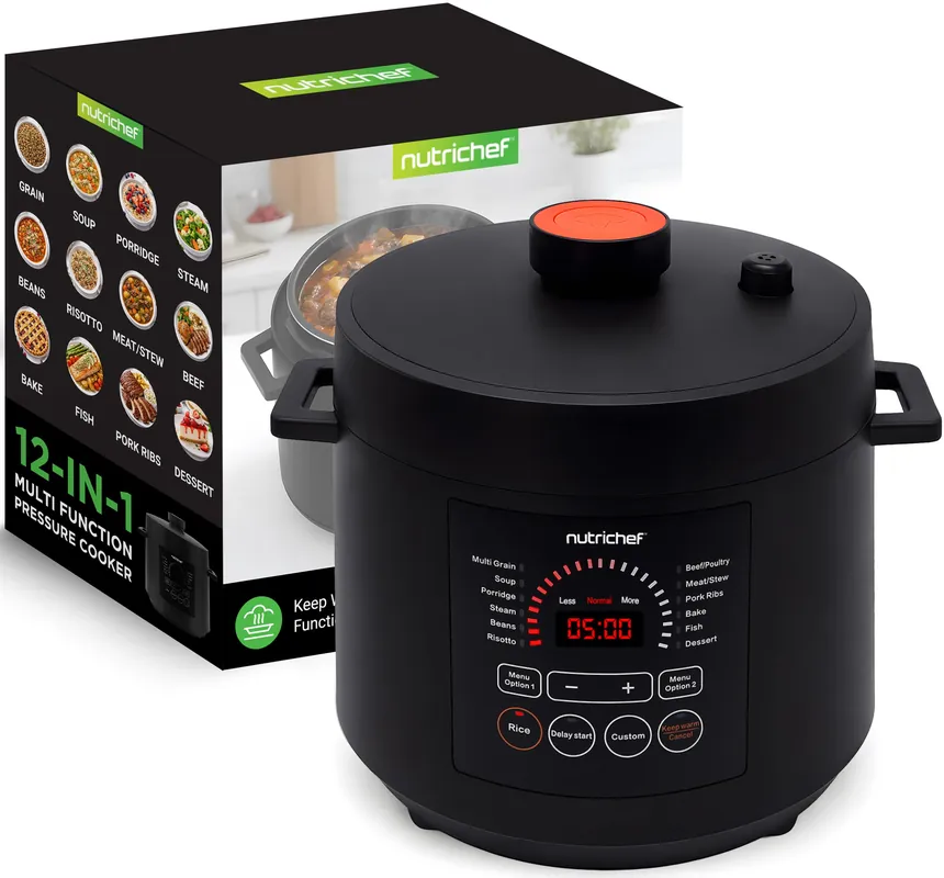 NutriChef Electric Pressure Cooker 6 Quart Capacity 9 Function Digital Countertop Pressure Cooker Adjustable Time & Temperature Cook, Bake, Steam, Broil, & Braise 13.1 x 11.4 IN Black