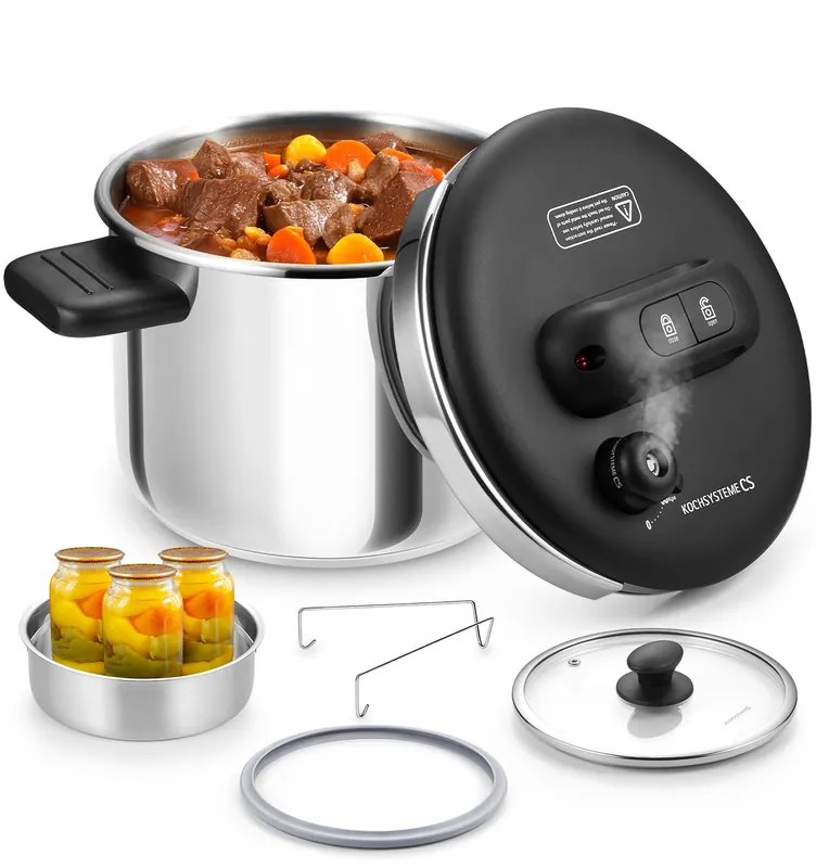 KOCH SYSTEME CS Stainless Steel Pressure Cooker 6.3QT, Olla de Presion, 3-in-1 Pressur Cookers, Easy One-Press Lock Button, Induction Compatible, with Glass Lid & Steamer