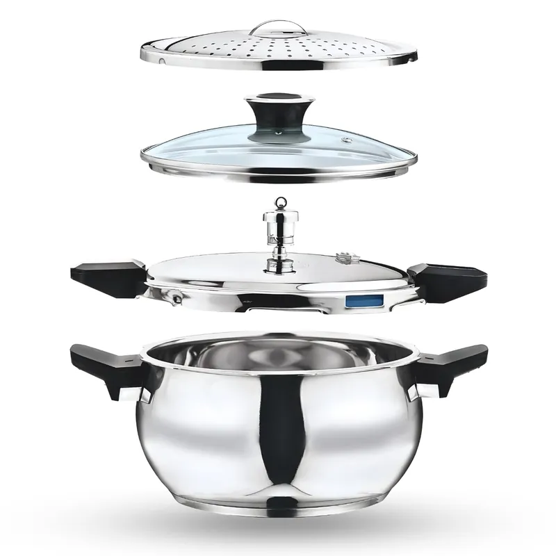 Vinod Magic Stainless Steel Smart 3 in 1 Pressure Cooker 5.5 Litre 5mm Thick Base All in One Cooker with Strainer & Glass Lid Induction and Gas Base ISI certified, Silver