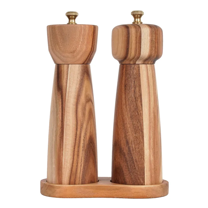 DeroTeno Salt and Pepper Mill Set with Tray, Adjustable Ceramic Grinder Salt Mill, Stainless Steel Grinder Pepper Mill, Acacia Wood, 20.5 cm/ 8 Inch Height, Bottom Dia 6 cm /2.36 inch