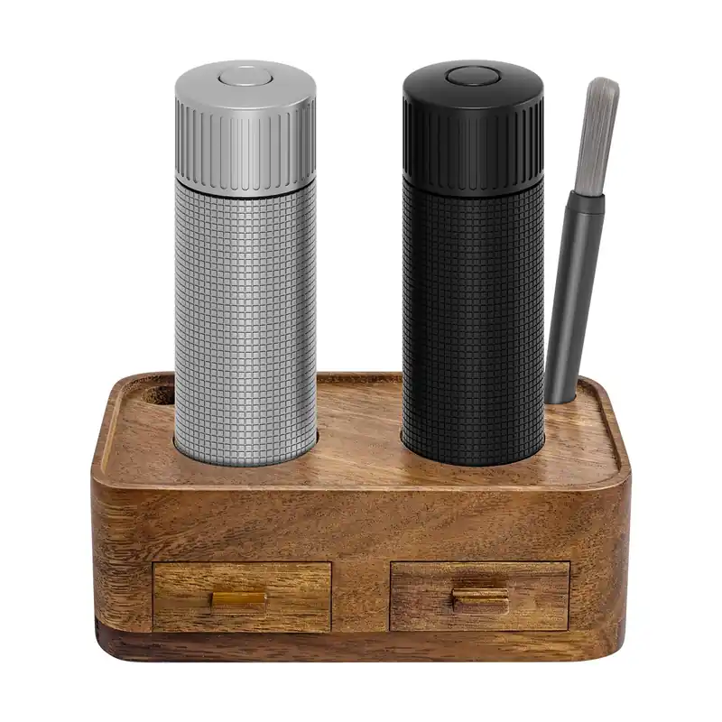 Luvan Professional Salt and Pepper Mill Set with Wooden Stand, Top Button Lock, Heavy Duty Aluminum Manual Pepper Grinder with Adjustable Coarseness, Gift Set for Friends & Family