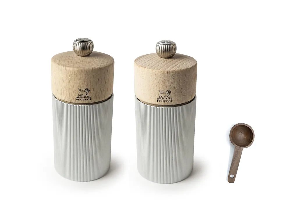 Peugeot Line Manual Salt & Pepper Mills Gift Set, alu, 12 cm - 4.75" Natural Wood - With Wooden Spice Scoop