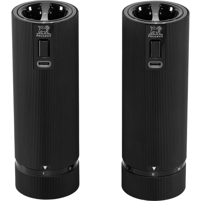 PEUGEOT - NIght Electric Line u‘Select 15 cm Rechargeable Electric Pepper and Salt Mill - 6 Predefined Settings - Powdered Salt Innovation, Zirlion Mechanism - Aluminium - Matte Black Finish