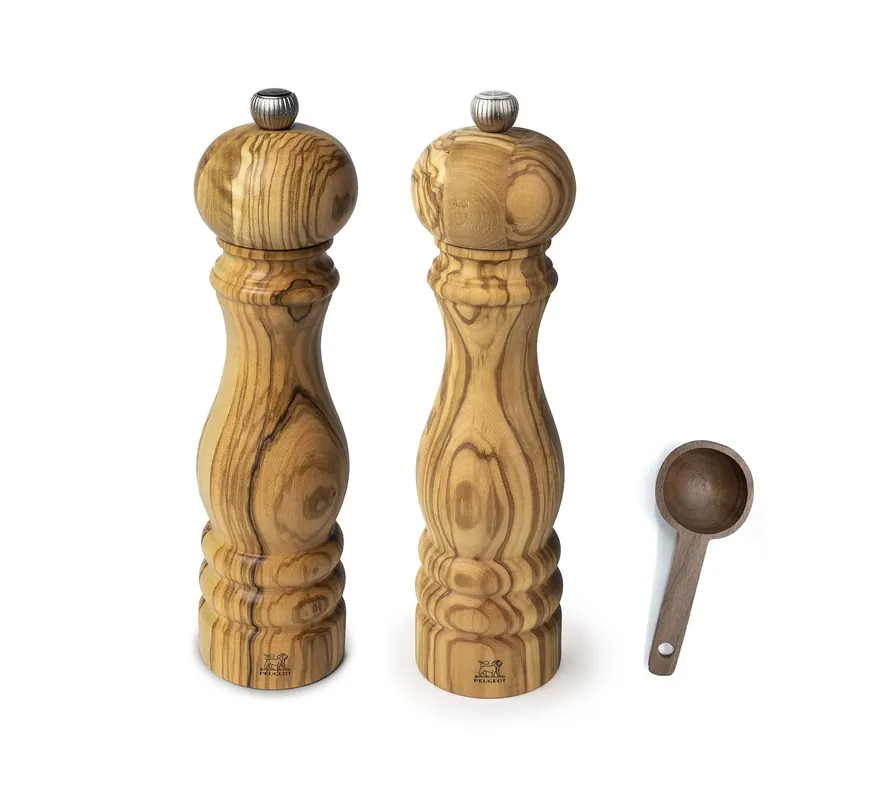 Peugeot Paris Olivier Salt & Pepper Mill Gift Set Olive Wood - With Wooden Scoop (9 Inches)