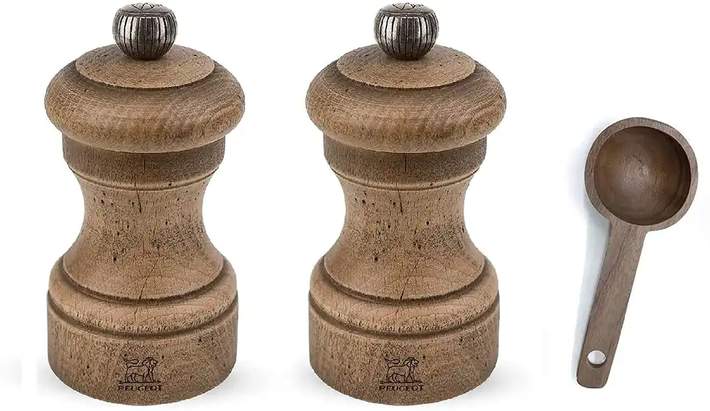 Peugeot Bistro Antique Gift Set Distressed Beechwood 4- inch Salt & Pepper Mill, With Wooden Spice Scoop (Salt & Pepper Mill Set)