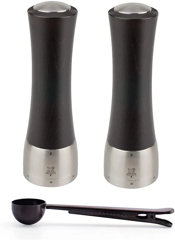 Peugeot Madras U‘Select Shaftless 8-Inch Zirlion Salt & Pepper Mill Gift Set, Chocolate - With Stainless Steel Spice Scoop & Clip