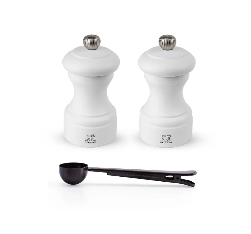 Peugeot Bistro 4 Inch Salt & Pepper Mil Gift Set, Matte White - With Stainless Steel Spice Scoop/Bag Clip