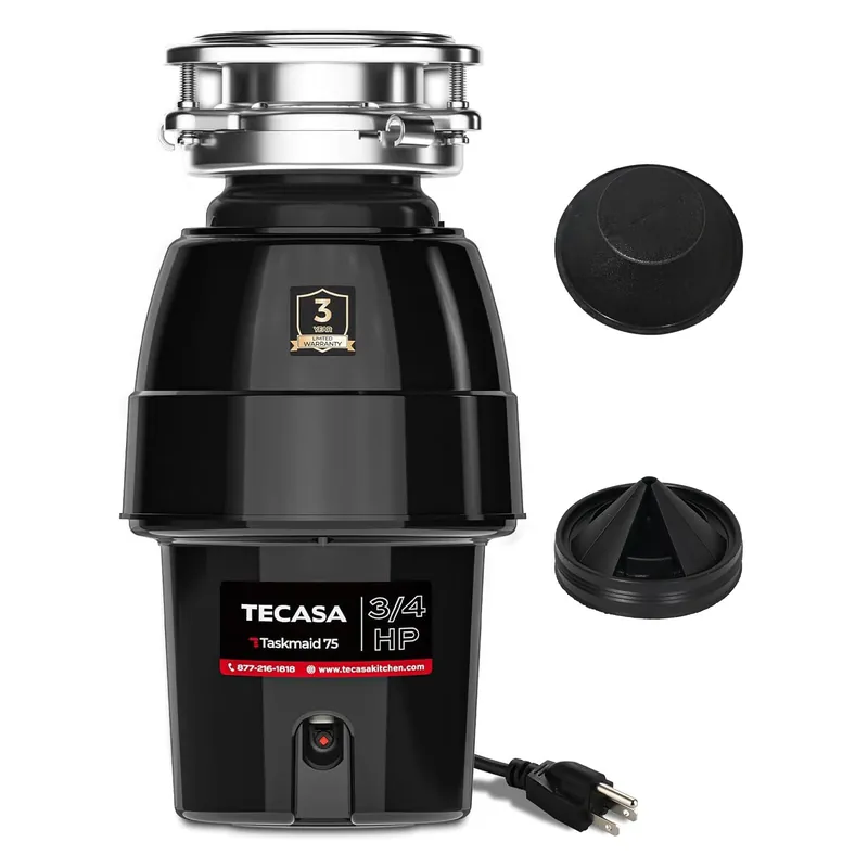 3/4 HP Garbage Disposal, TECASA Food Garbage Disposal with Power Cord, Stainless Steel Grinding System and 3-Bolt Mounting, Continuous Feed Garbage Disposals, Quiet, Taskmaid Series 75
