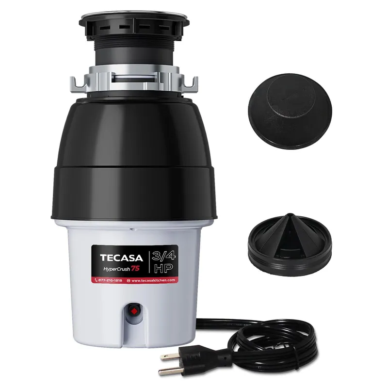 3/4 HP Corded Garbage Disposal for Kitchen Sinks, TECASA Continuous Feed Food Waste Disposer, Sound Reduction, Power Cord Included, Grey and Black - HyperCrush 75