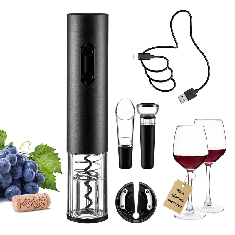 Rechargeable Electric Wine Opener Set, Automatic Corkscrew Set, Including Long Stem Wine Glasses of 2, Clear Glass Wine Goblet, Ideal Gift for Wedding, Wine Lover, Birthday, Girl, Men