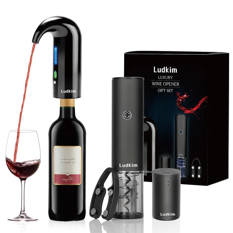 Ludkim Rechageable Electric Wine Opener Gift Set, Auto Wine Aerator Dispenser, Wine Corkscrew Kit, Automatic Wine Saver Vaccum Pump, Foil Cutter, 4-in-1 Cordless rechargeable Bottle Opener Gift Box