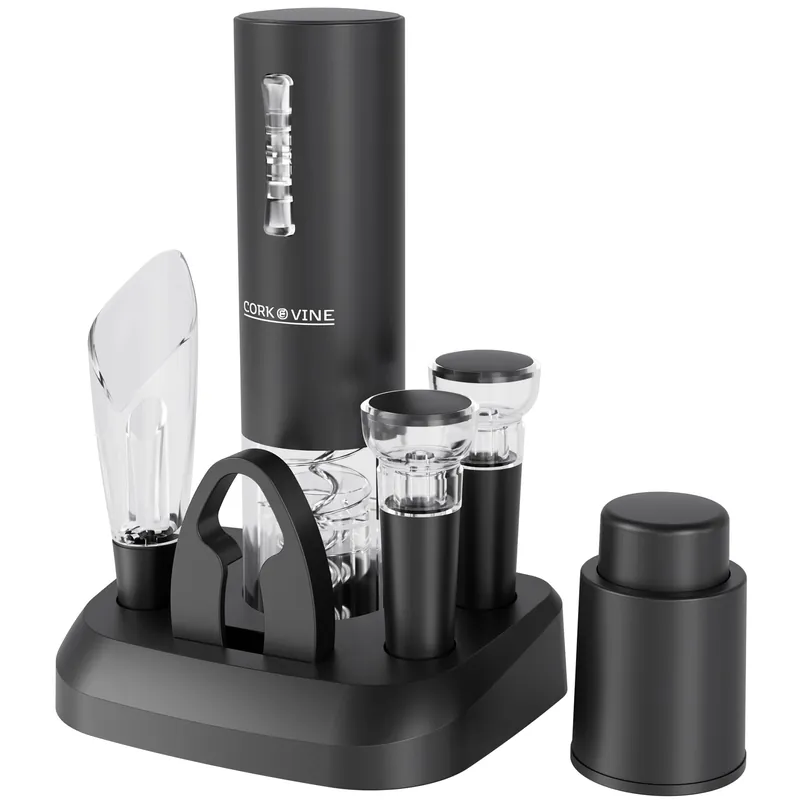 Cork & Vine Rechargeable 7-Piece Electric Wine Opener Set – Automatic Corkscrew with Charging Base, Wine Aerator Pourer, Foil Cutter & Vacuum Wine Stoppers – Wine Accessories Gift Set