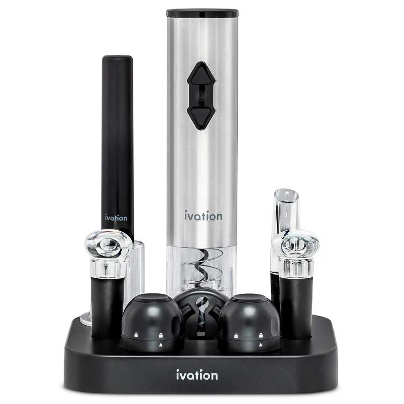Ivation 9-Piece Wine Set Electric Opener, Air Pump, Pourer with Aerator, Wine and Champagne Stoppers, Foil Cutter, and Stand.