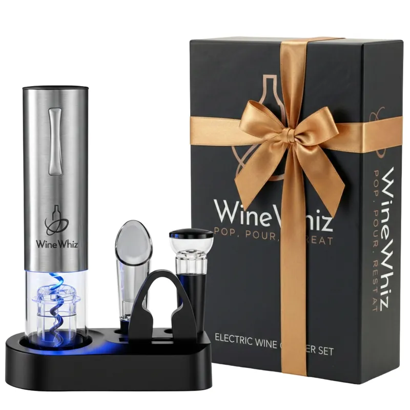 Electric Wine Opener Set with Base and Accessories (Rechargeable Stainless Steel Corkscrew, Dispenser, Foil Cutter Tool, Stopper) Lovers Gift for Housewarming, Birthday, Registry