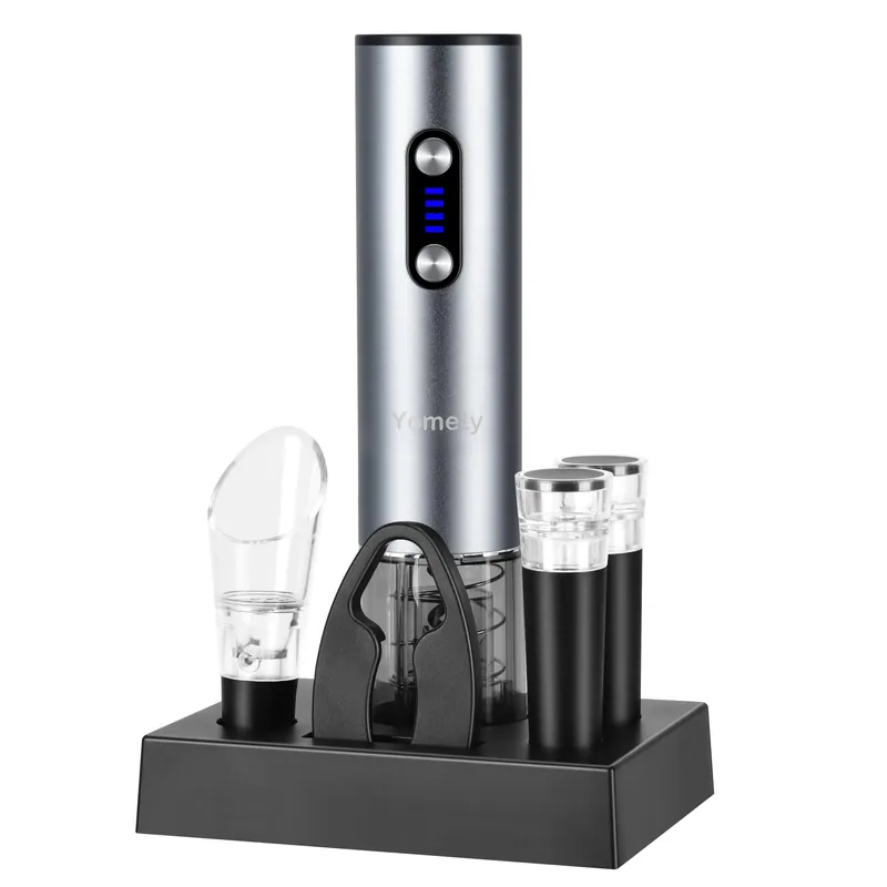 Yomety Electric Wine Opener With Base, Rechargeable Bottle Opener With 2-in-1 Aerator & Pourer, Foil Cutter, 2 Stoppers - Accessories Gifts for Wine Lovers
