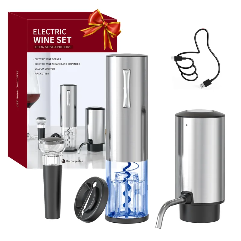 Rechargeable Electric Wine Opener Set, 4-in-1 Automatic Opener Kit with Aerator Pourer, Foil Cutter, Vacuum Pump and Stoppers - Ideal Gift for Mother‘s Day, Father‘s Day, Birthday and Anniversary