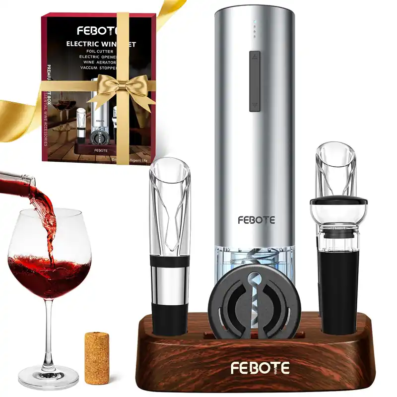 Febote Electric Wine Opener Set for Home Bar Party - 5-in-1 Automatic Rechargeable Corkscrew with Charging Base, Foil Cutter, Vacuum Stoppers, Aerator, Accessories Premium Mahogany Base - Brown
