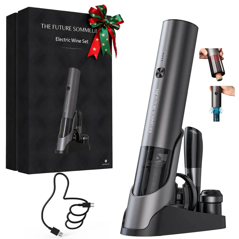 CIRCLE JOY Rechargeable Electric Wine Bottle Opener Set 7-in-1 Aluminum Alloy Wine Gift Set with 2-in-1 Electric Corkscrew & Vacuum Pump, Foil Cutter, Wine Pourer, Charging Base and 2 Wine Stoppers
