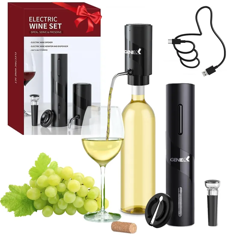 Electric Wine Set 4 Automatic Wine Opener Dispenser Gift Set - Electric Corkscrew Opener & Auto Wine Dispenser Ideal Housewarming Gifts and Cool Wine Gift (Black)