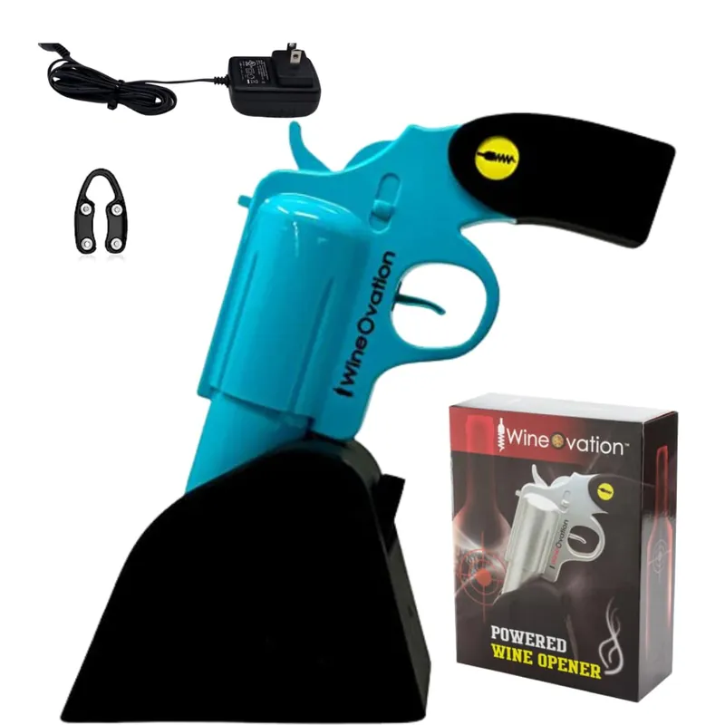 WineOvation Electric Gun Wine Opener (Blue) - Open your Wine Bottle fast and without hassle - Best Electronic Automatic Corkscrew for Gun Enthusiasts and Wine Lovers - Rechargeable Battery Operated