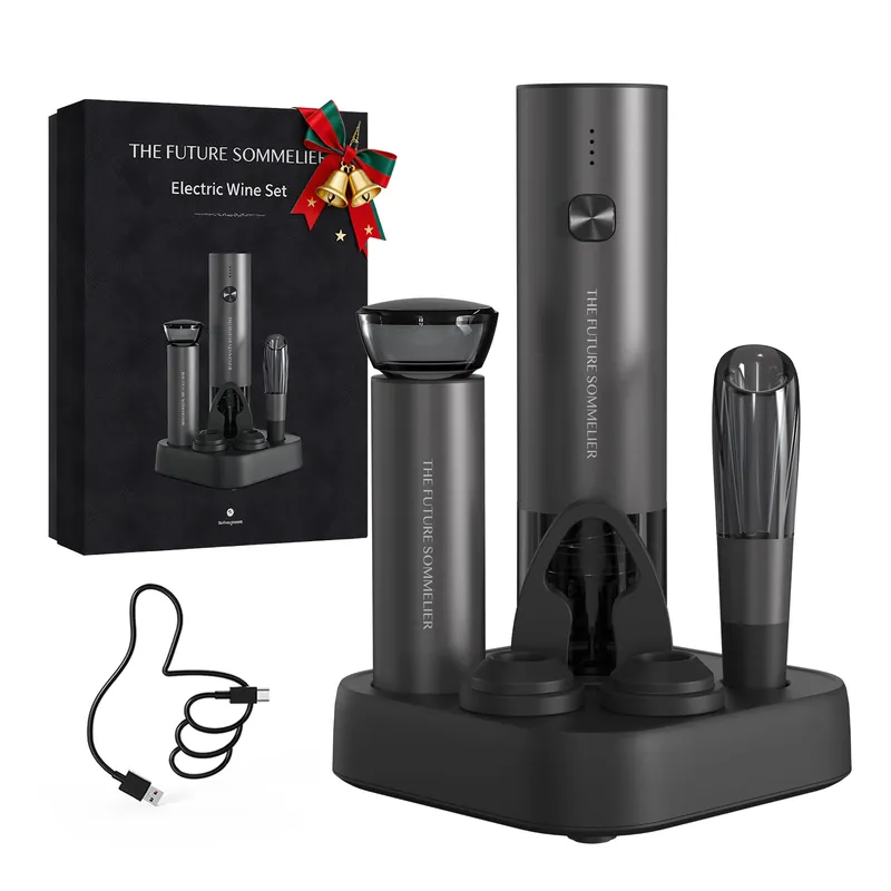 CIRCLE JOY Rechargeable Electric Wine Opener Set 7-in-1 Aluminum Alloy Wine Gift Set with Electric Corkscrew, Foil Cutter, Wine Pourer, Storage Base, Vacuum Pump and 2 Wine Stoppers