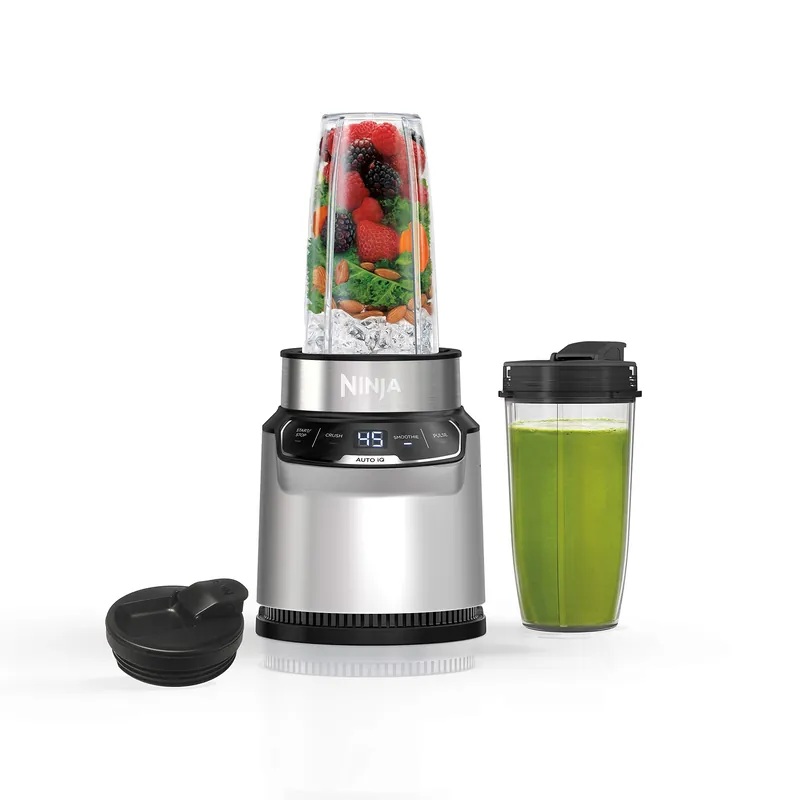 Ninja Blender Nutri Pro Auto IQ Blend Smoothies, Shakes, Frozen Drinks, Salsa, Dips Includes (2) 24 oz. To-Go Cups & Spout Lids Crushes Ice, Fruit & Veggies 1100 Peak Watt Silver BN401