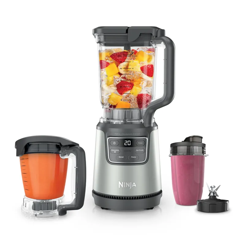 Ninja BlendPro Kitchen System 72 oz* Full-Size Blender, 5-Cup Food Processor & 18 oz To-Go Cup Total Crushing Tech, Presets for Smoothies, Ice Crush, Purees & Extracts 1200 Watt Beige BO402