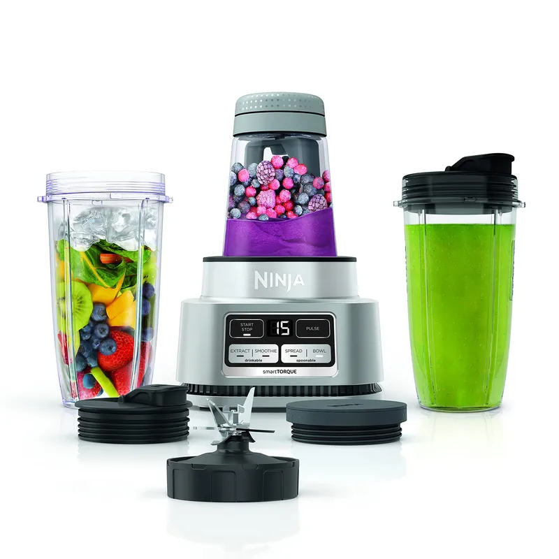 Ninja Foodi Blender Personal Smoothie Maker, Mixer Includes Hybrid Blades, (2) 24 oz. To-Go Cups with Lids, (1) 14 oz. Smoothie Bowl Maker with Storage Lid Silver 1200 Peak Watt SS101