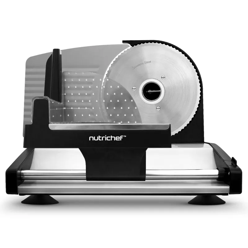 Nutrichef Electric Meat Slicer 200W Automatic Meat, Deli & Bread Slicer Adjustable Dial for 0-15mm Cutting Range Thickness Removable 7.5 IN Stainless Steel Blade & Food Pusher for Safety (Black)