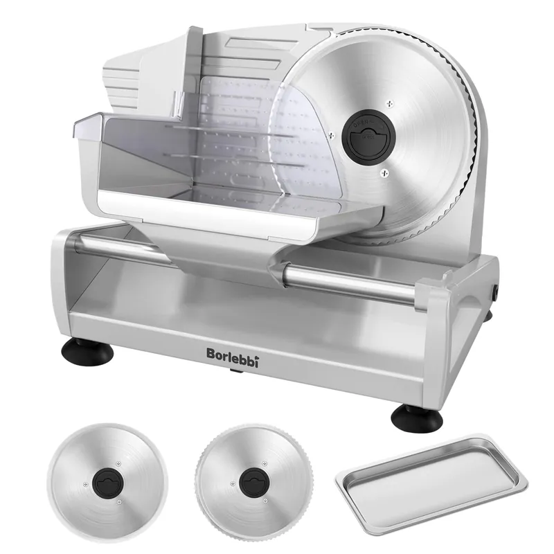 Meat Slicer, 200W Meat Slicer Machine for Home, DC Motor Quiet Deli Slicer with 2 Removable 7.5‘‘ Stainless Steel Blades, Adjustable Dial for 0-15mm, Electric Food Slicer for Meat, Cheese, Bread