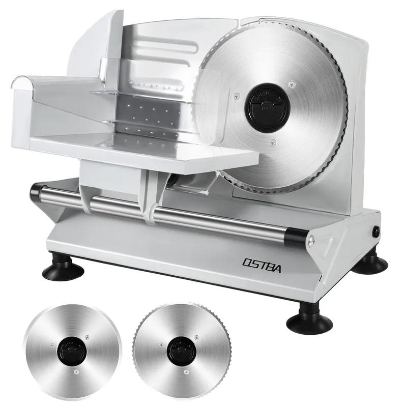 OSTBA Meat Slicer Machine, Two 6.7” Removable Stainless Steel Blades and Food Carriage, 150W Electric Deli Food Slicer for Home Use, Easy to Clean, 0-15mm Adjustable Thickness for Meat, Cheese, Bread
