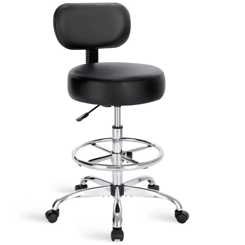 SUPERJARE Drafting Chair with Back, Adjustable Foot Rest Rolling Stool, Multi-Purpose Office Desk Chair, Thick Seat Cushion for Home Bar Kitchen Shop - Black