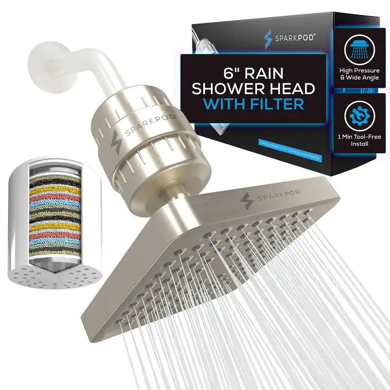 SparkPod Luxury Filtered Shower Head Set 23 Stage Shower Filter - Reduces Chlorine and Heavy Metals - High Pressure Showerhead Filter (6" Square, Elegant Brushed Nickel)