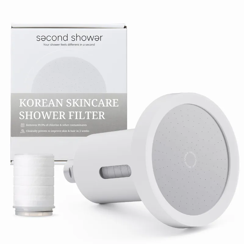 SecondShower Filtered Shower Head for Hard Water, Clinically Proven for Skin Health, NSF Certified 99.9% Chlorine Removal, High Pressure, Korean Beauty Secret Natural Filter Matte White - Pure Silver