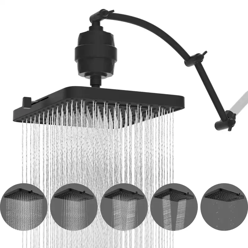 Hibbent Rain Filtered Shower Head, 13‘‘ High Pressure Rainfall 5 Modes Showerhead with 16" Shower Head Extension Arm, Solid Brass Adjustable Shower Arm Extender, 20 Stage Shower Filter, Matte Black