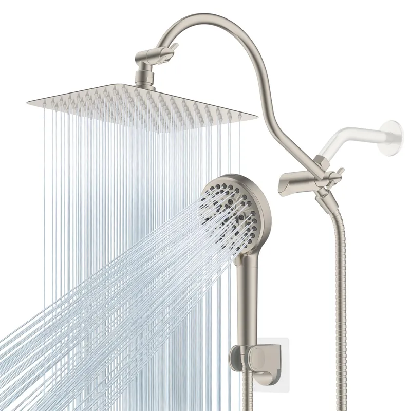 Hibbent All Metal CUPC Certified Shower Head, 10‘‘ High Pressure Rainfall Shower Head, Handheld Showerhead Combo, 12‘‘ Adjustable Extension Arm, 10 Sprays, 71‘‘ Hose, Showerhead Holder, Brushed Nickel
