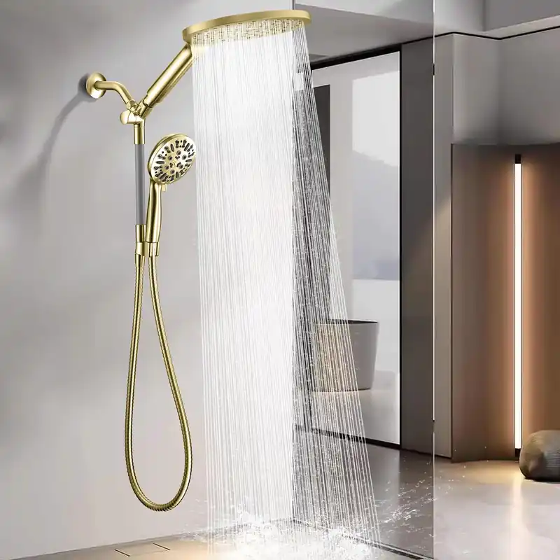 KAIYING Dual Shower Heads with Handheld Spray Combo, High Pressure Modern Rain Shower Head with 9-Mode Handheld Showerhead, Double Rainfall Shower Head with 79-Inch Hose (Brushed Gold)