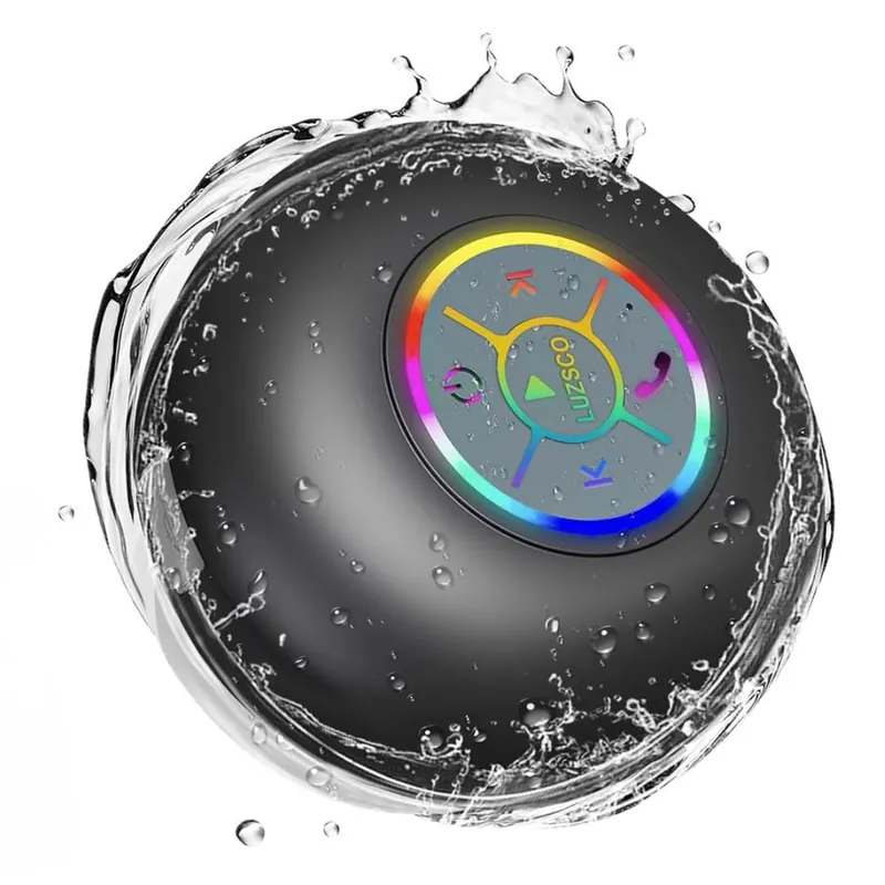 Luzsco Bluetooth Shower Speaker with LED – Portable Wireless Mini Speaker with Mic & Suction Cup, IPX4 Water Resistant for Shower, Travel, Pool, River Floating, and Outdoor Fun (Black)